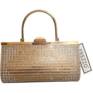 Prezzo Gold Tone Metal Rhinestone Crystal Clutch Evening Bag Purse NWT.